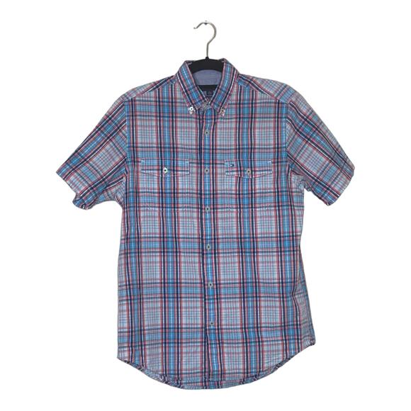Tommy Hilfiger men blue orange plaid short sleeves button shirt size XS - Picture 5 of 7
